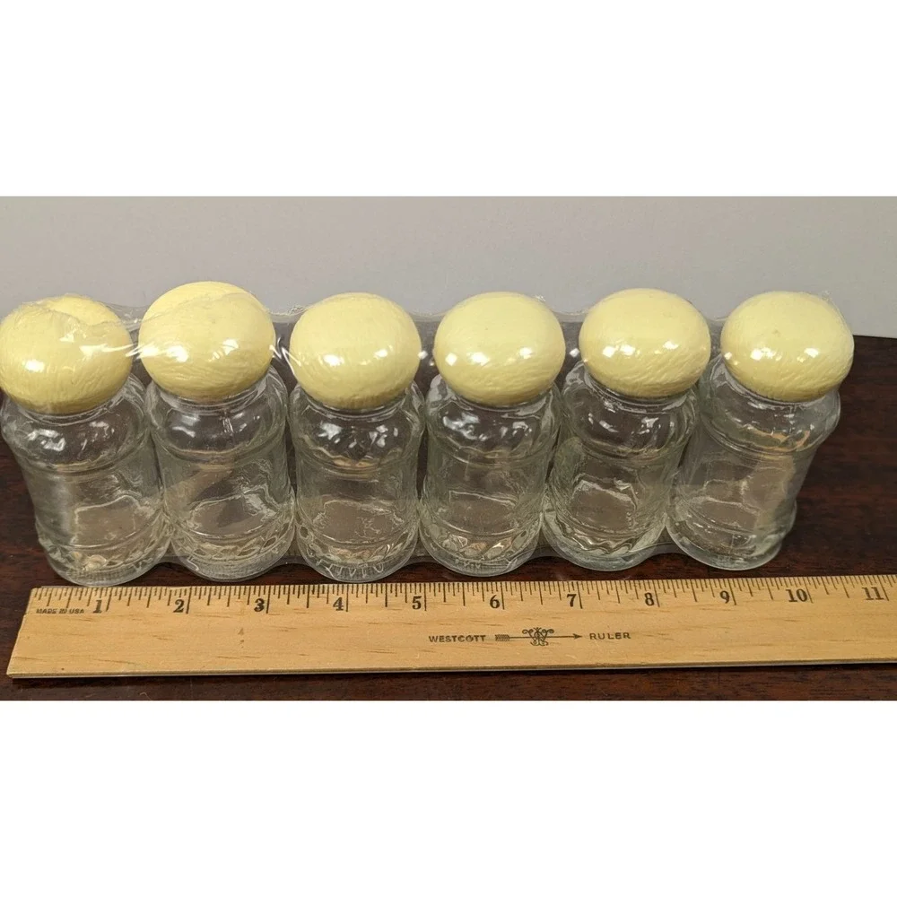 HP Vintage Set of 6 Glass Spice Jars Mushroom Lids Cream Clear Kitchen Storage